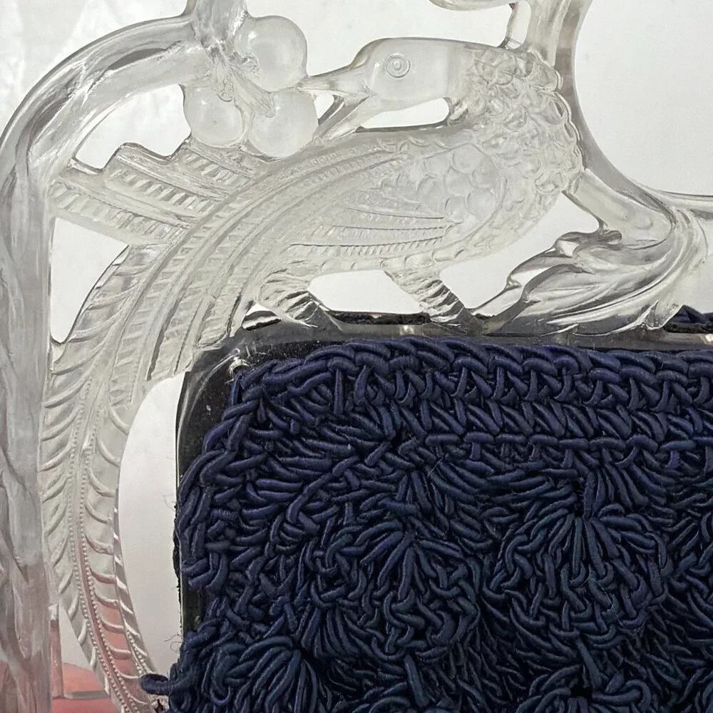 VINTAGE 30s Popcorn Crochet Navy Blue Peacock Handle Evening Bag